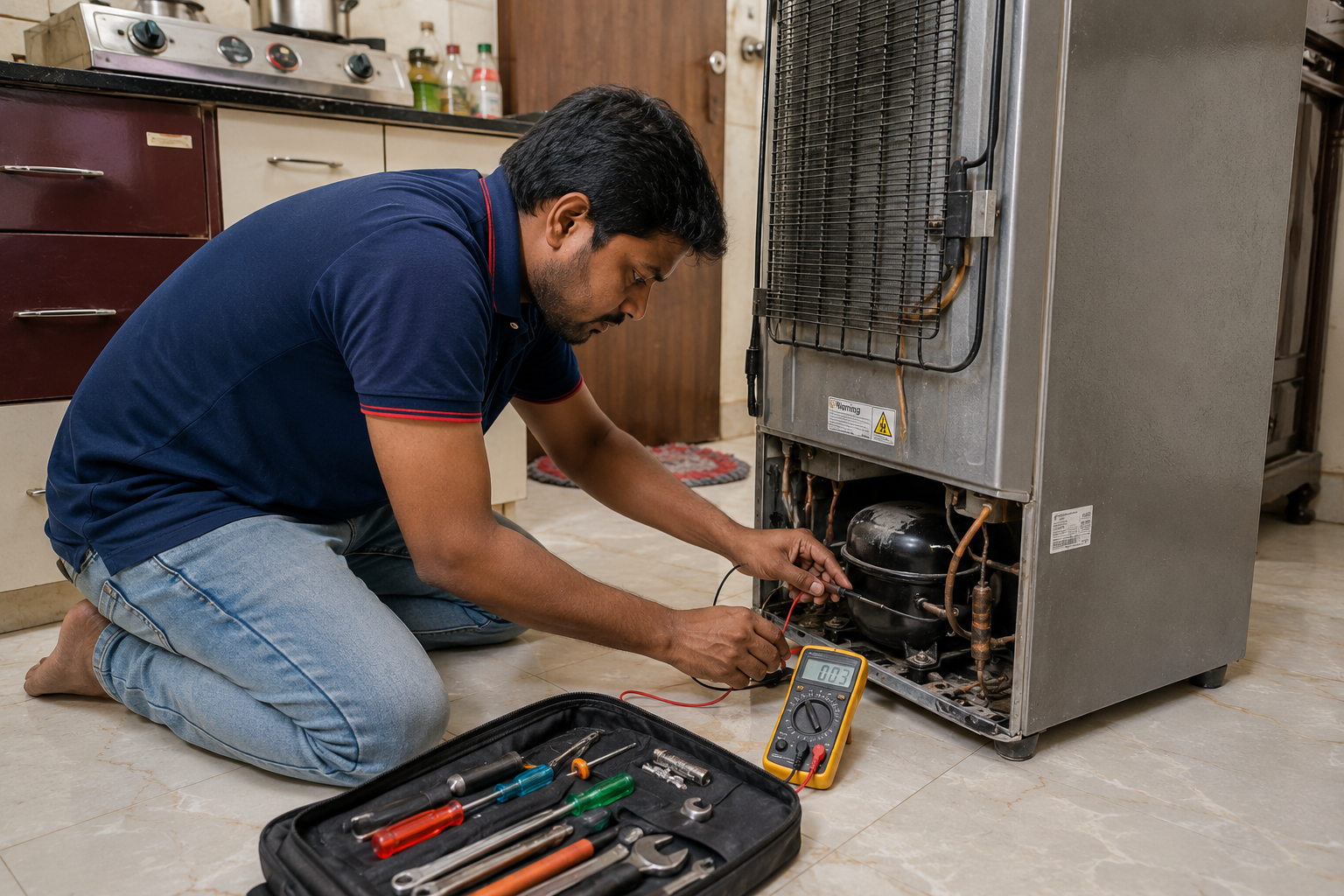 Technician repairing a compressor-driven appliance on the floor