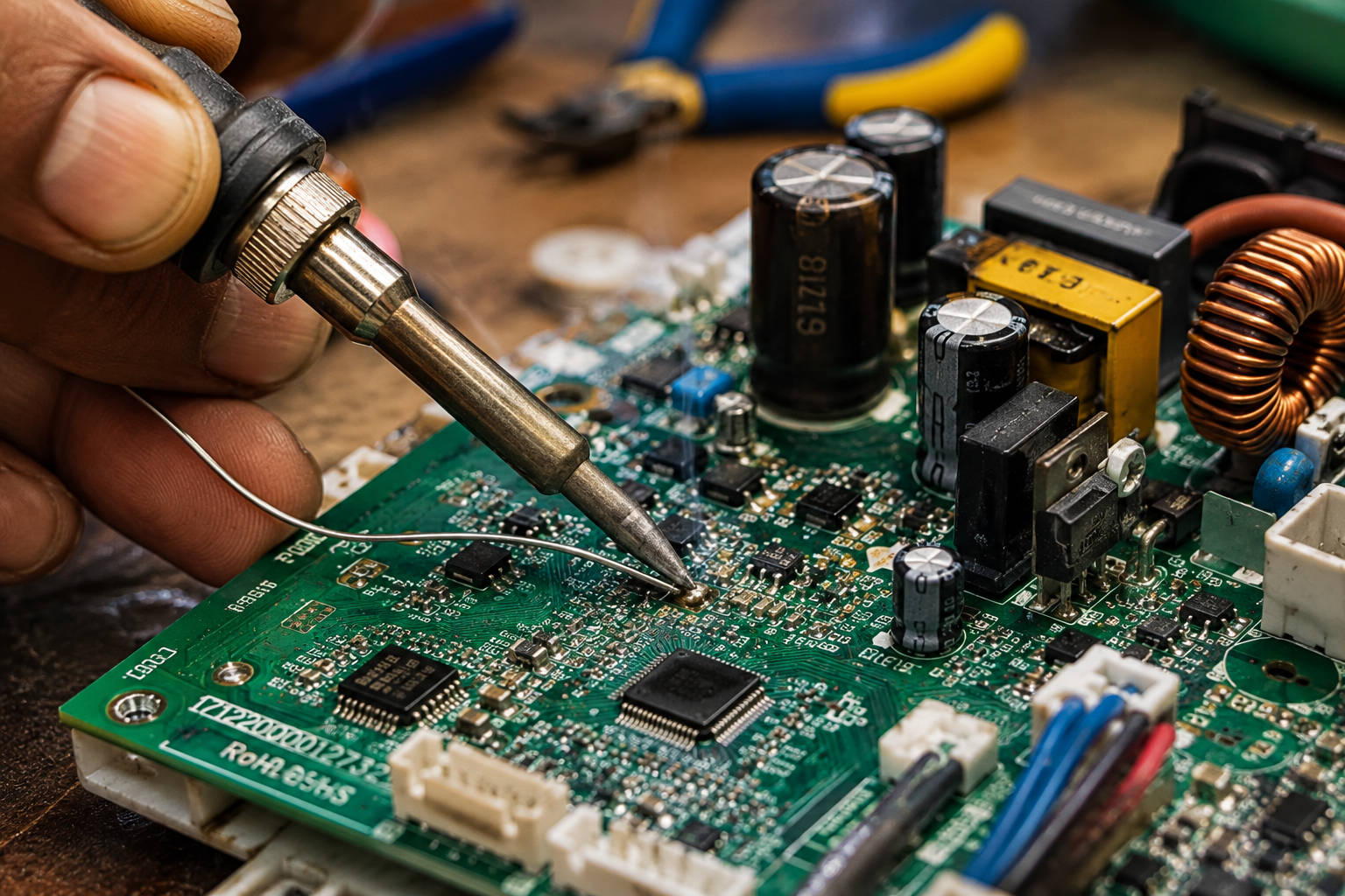 Close-up of a PCB circuit board being repaired
