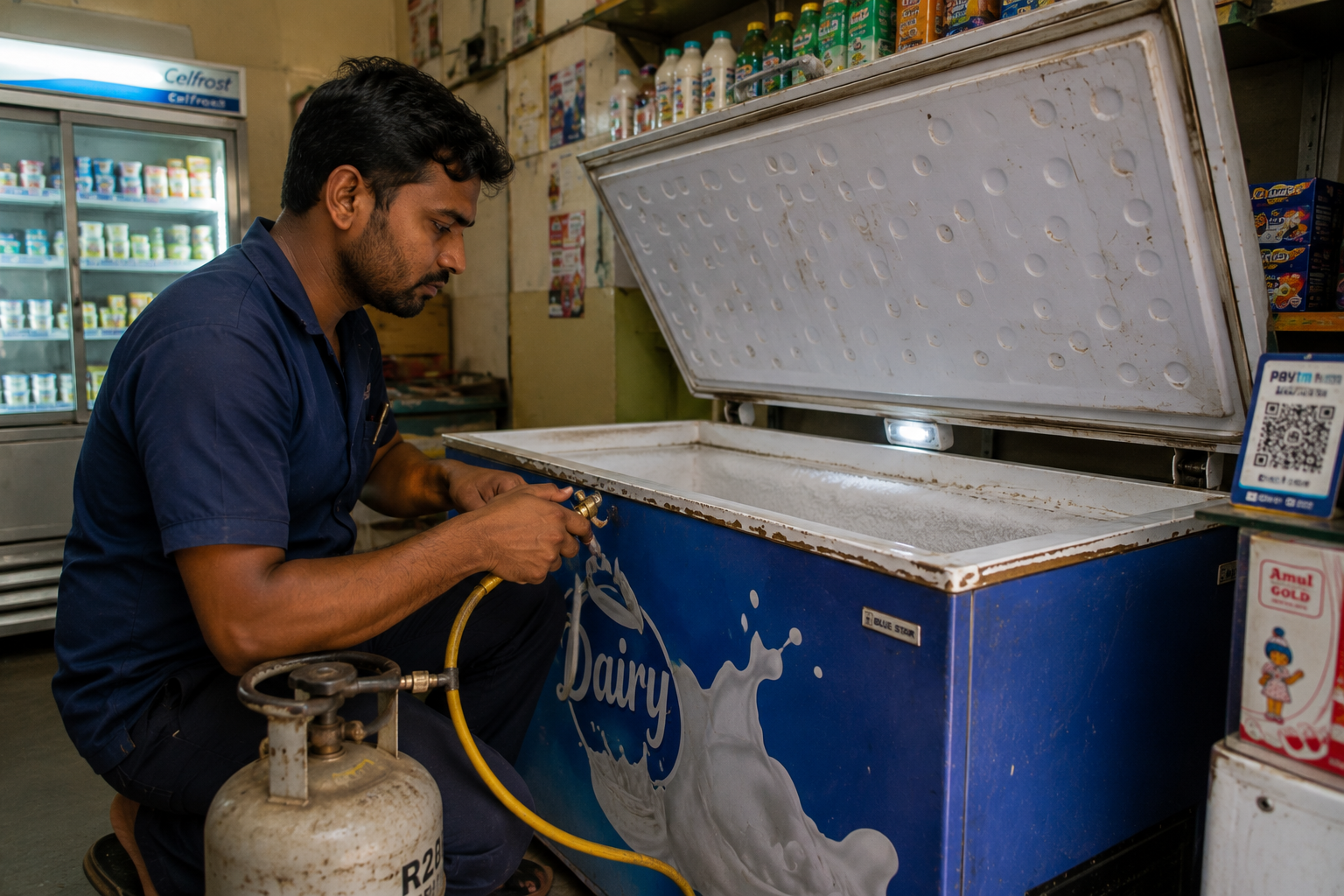 Technician servicing a deep freezer in a shop environment
