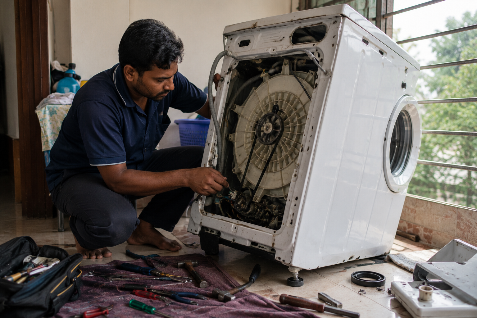 Technician repairing a front-load washing machine