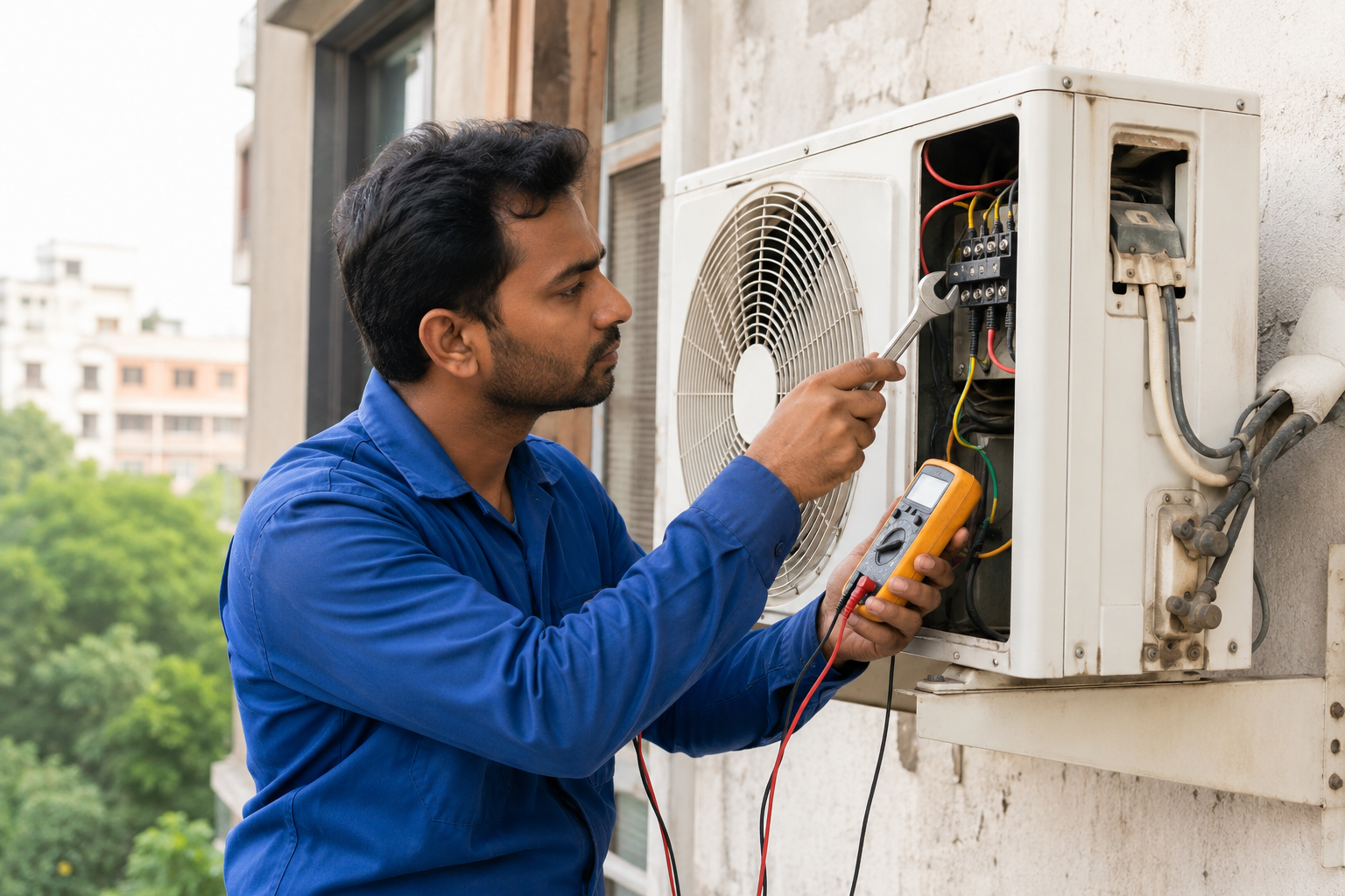 Technician repairing a split AC outdoor condenser unit